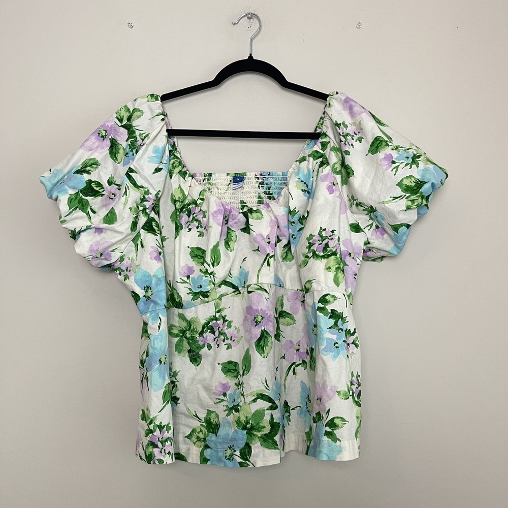 Old Navy Women's Waist-Defined V-Neck Puff Sleeve Top in White Floral Boho Sz 2X
